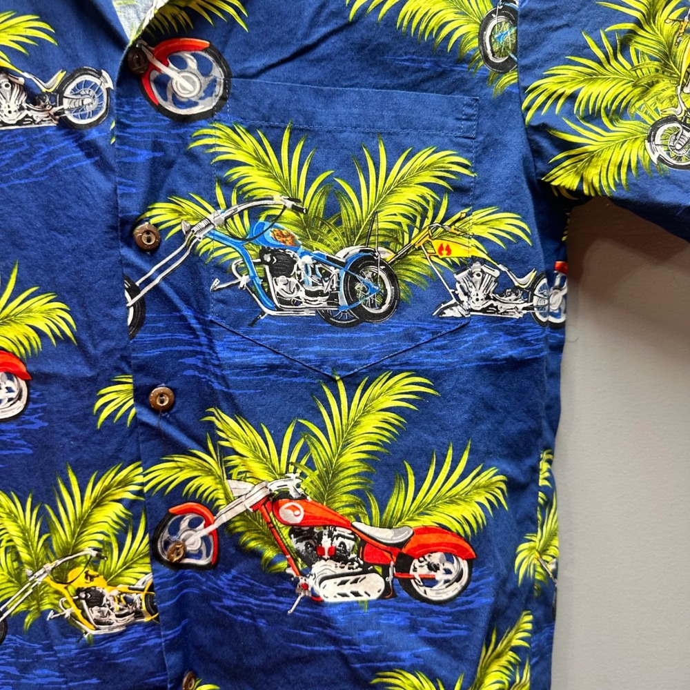 Aloha Republic Hawaiian  Shirt Men S Blue Motorcycle Palm Tree Tropical - Picture 7 of 8